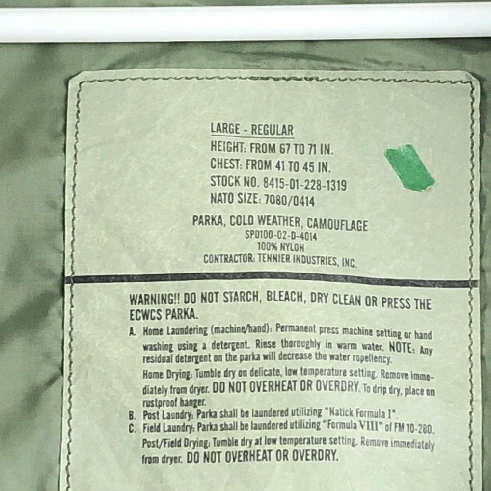 Vintage US Army ECWCS‎ Cold Weather Parka Coat Mens Large Green Hooded Camo
